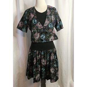 Vintage 80s Glenfrey Fashions Purple Floral Mini Dress 2‎ Piece Look Sz 7/8